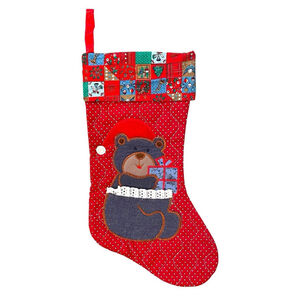 Vintage Teddy Bear Christmas Stocking Denim Pocket Quilted Patchwork Polka Dot
